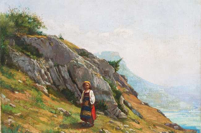 Antonio Maria Cotti Paesaggio montano con bambina in custume ultimo quarto XIX sec. low