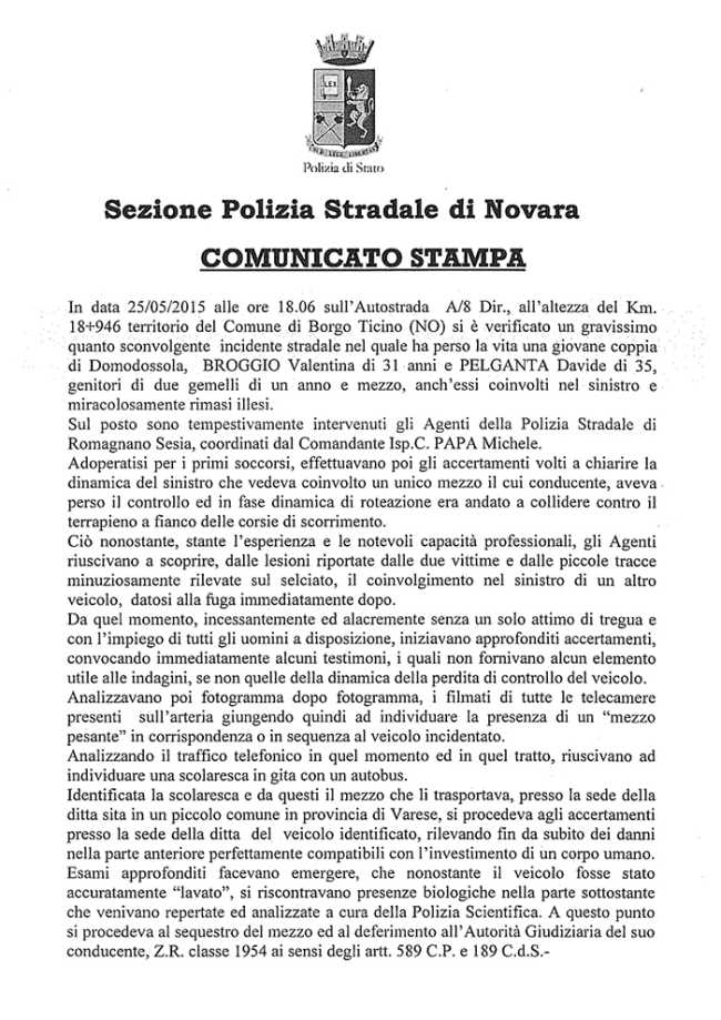 COMUNICATO STAMPA INCIDENTE MORTALE DEL 25.05.2015