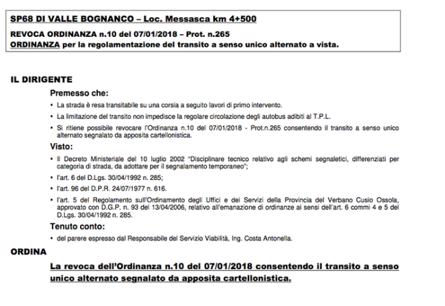 bognanco revoca divieto strada