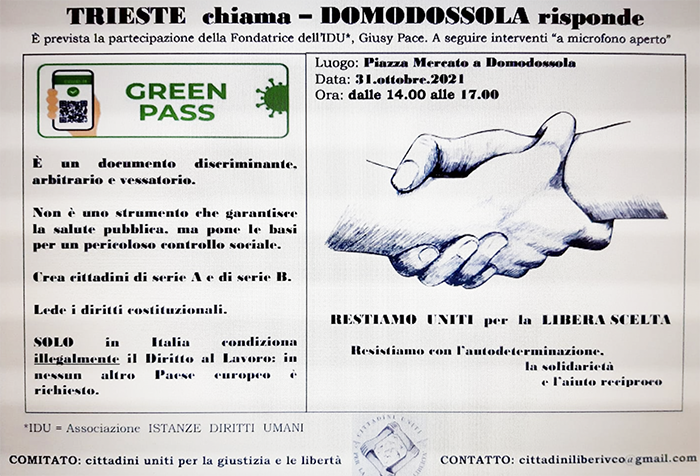 Manifestazione contro il Green Pass domenica a Domodossola