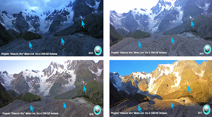 Si riducono i ghiacciai della parte est del Monte Rosa, foto degli ultimi 4 anni ad agosto