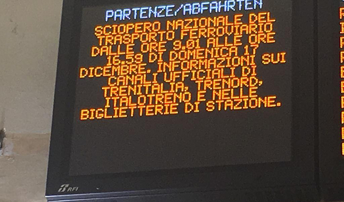 Sciopero dei treni domenica