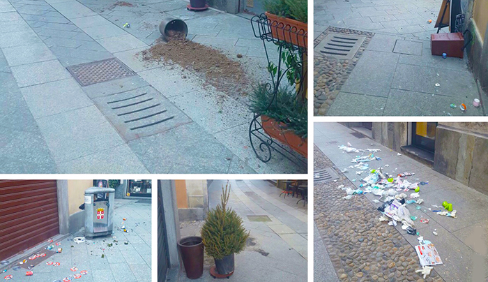 Fioriere rovesciate, cestini svuotati. Vandali nella notte nel centro domese. Foto