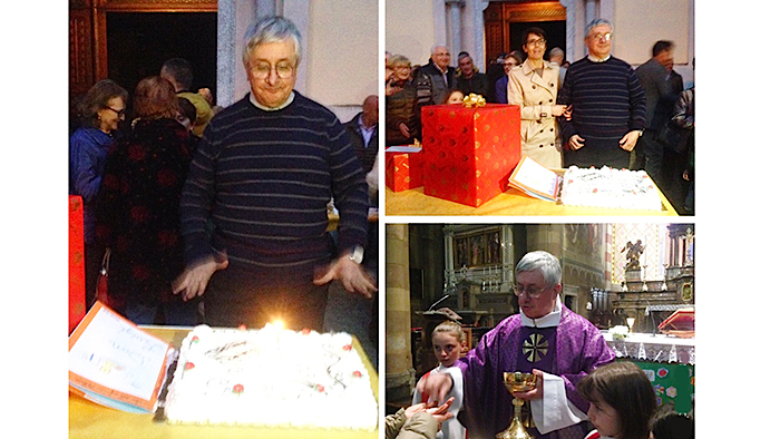 Si commuove don Preioni per la festa a sorpresa per il suo 70°compleanno. Video