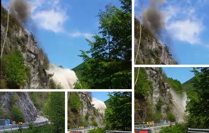 Scoppio della mina per risanare la parete franata a Meis. 500 metri cubi caduti. Video e foto
