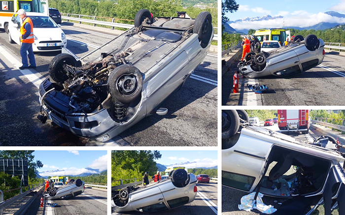 Accusa un malore e si cappotta in superstrada. Donna portata al Dea. Foto