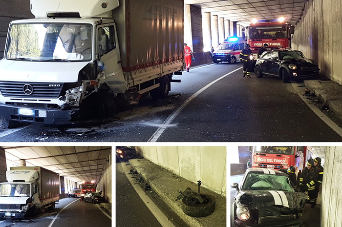 Incidente in galleria a Paiesco, auto contro camion, autista portato al Dea. Foto