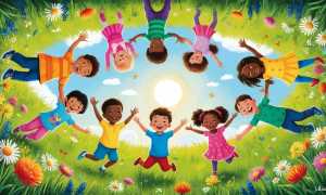 realizzi un girotondo di bambini in un paesaggio primaverile pieno di fiori 